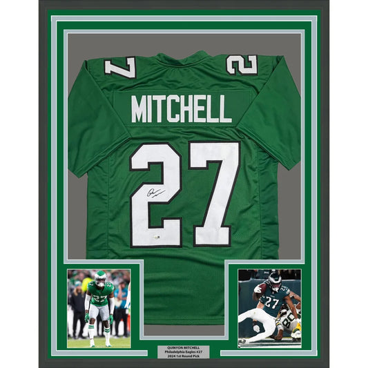 Framed Autographed Quinyon Mitchell 35x39 Philadelphia Kelly Green Football Jersey JSA COA | Hall of Fame Sports Memorabilia | vintageantiquesgifts.com