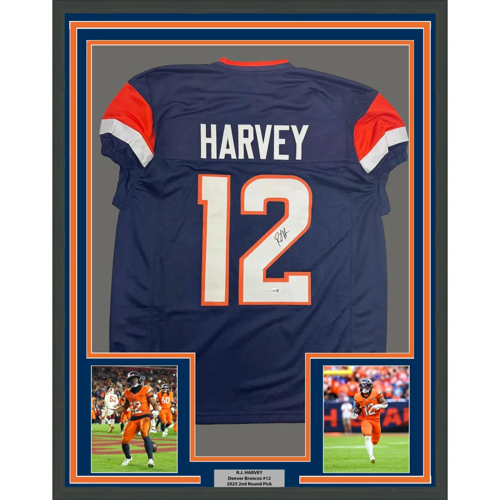 Framed Autographed RJ Harvey 35x39 Denver Blue Football Jersey JSA COA | Hall of Fame Sports Memorabilia | vintageantiquesgifts.com