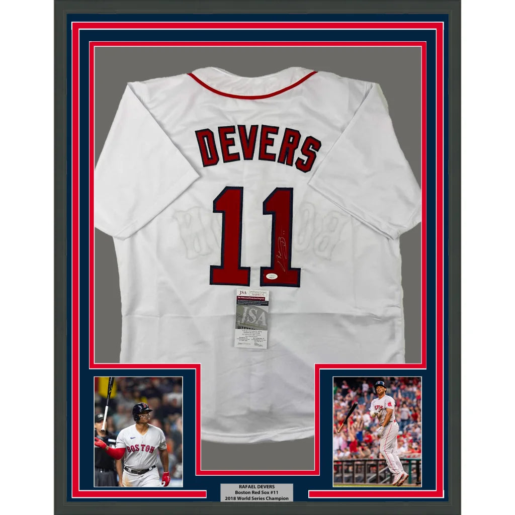 Framed autographed Rafael Devers white Boston Red Sox jersey with Devers 11 JSA COA