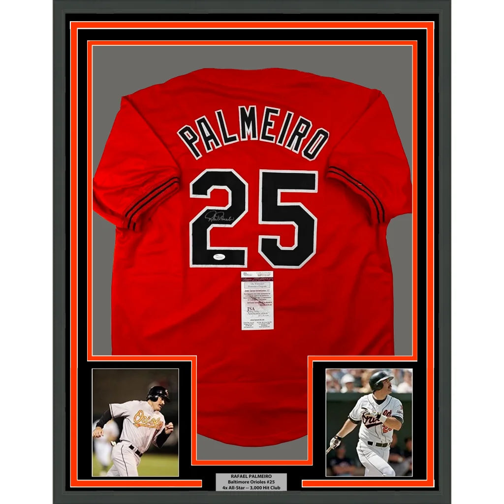 Framed Autographed Rafael Palmeiro 35x39 Baltimore Orange Baseball Jersey JSA COA | Hall of Fame Sports Memorabilia | vintageantiquesgifts.com