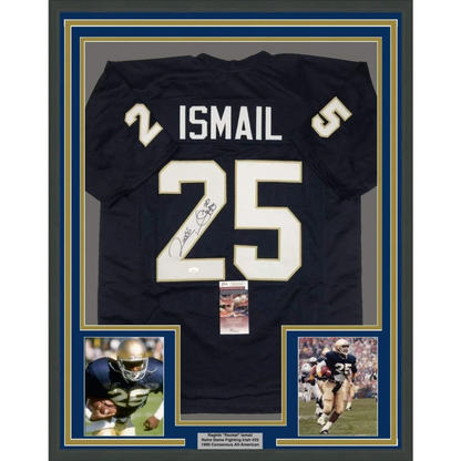 Framed Notre Dame football jersey signed by Raghib Rocket Ismail displayed in Rocket Ismail Signed Jersey product