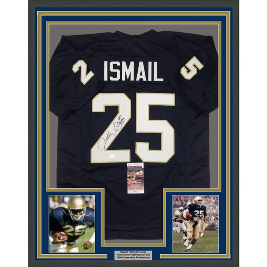 Framed Notre Dame football jersey signed by Raghib Rocket Ismail displayed in Rocket Ismail Signed Jersey product