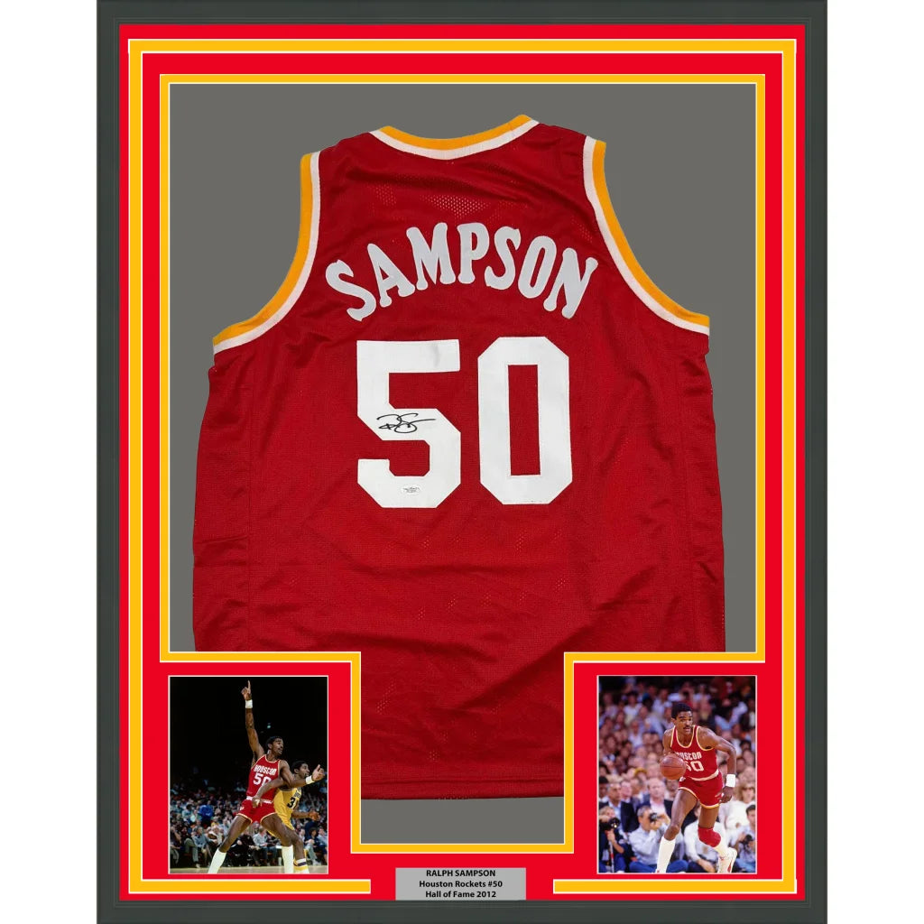Framed Autographed Ralph Sampson 35x39 Houston Red Basketball Jersey JSA COA | Hall of Fame Sports Memorabilia | vintageantiquesgifts.com