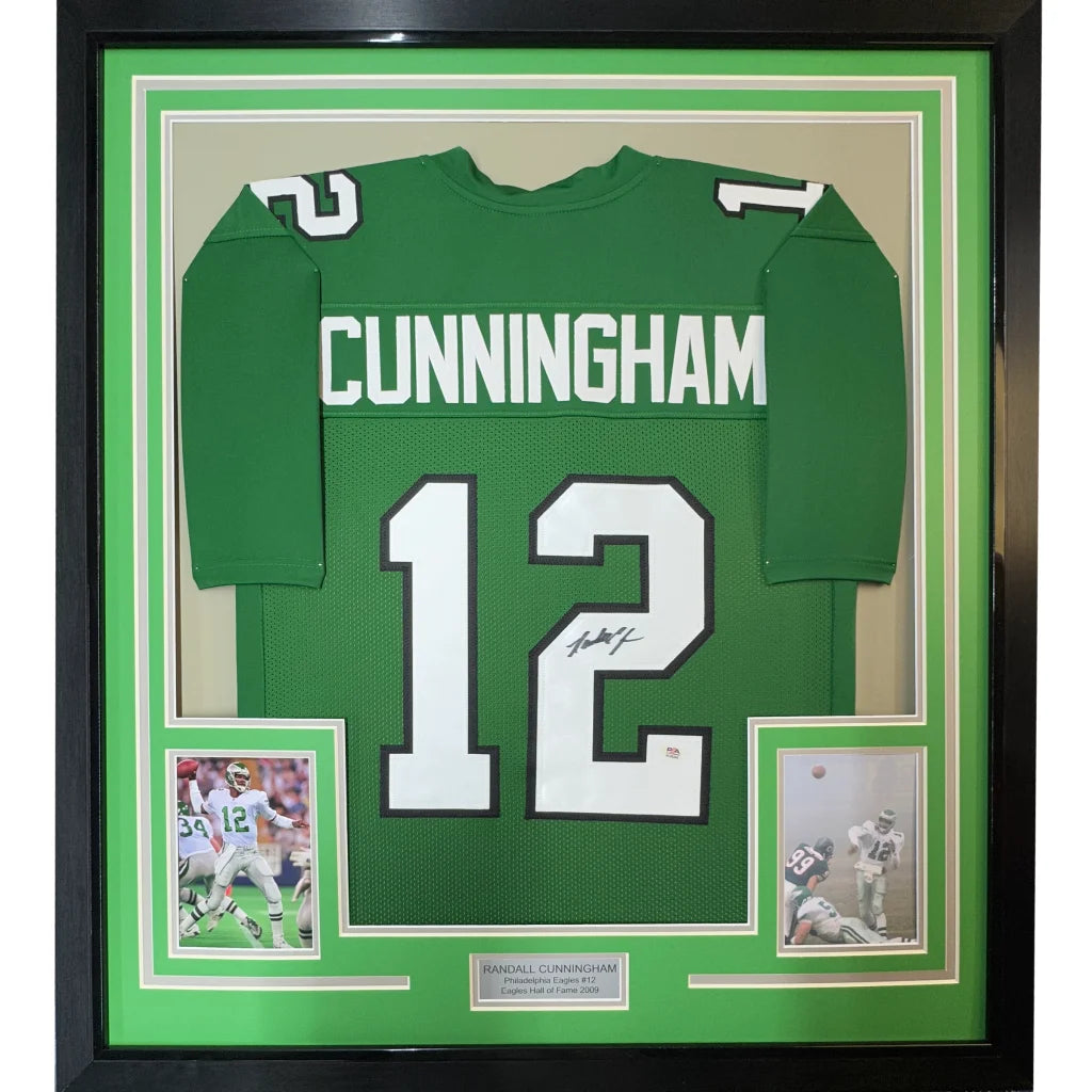 Framed Autographed Randall Cunningham 35x39 Philadelphia Green Football Jersey JSA COA | Hall of Fame Sports Memorabilia | vintageantiquesgifts.com