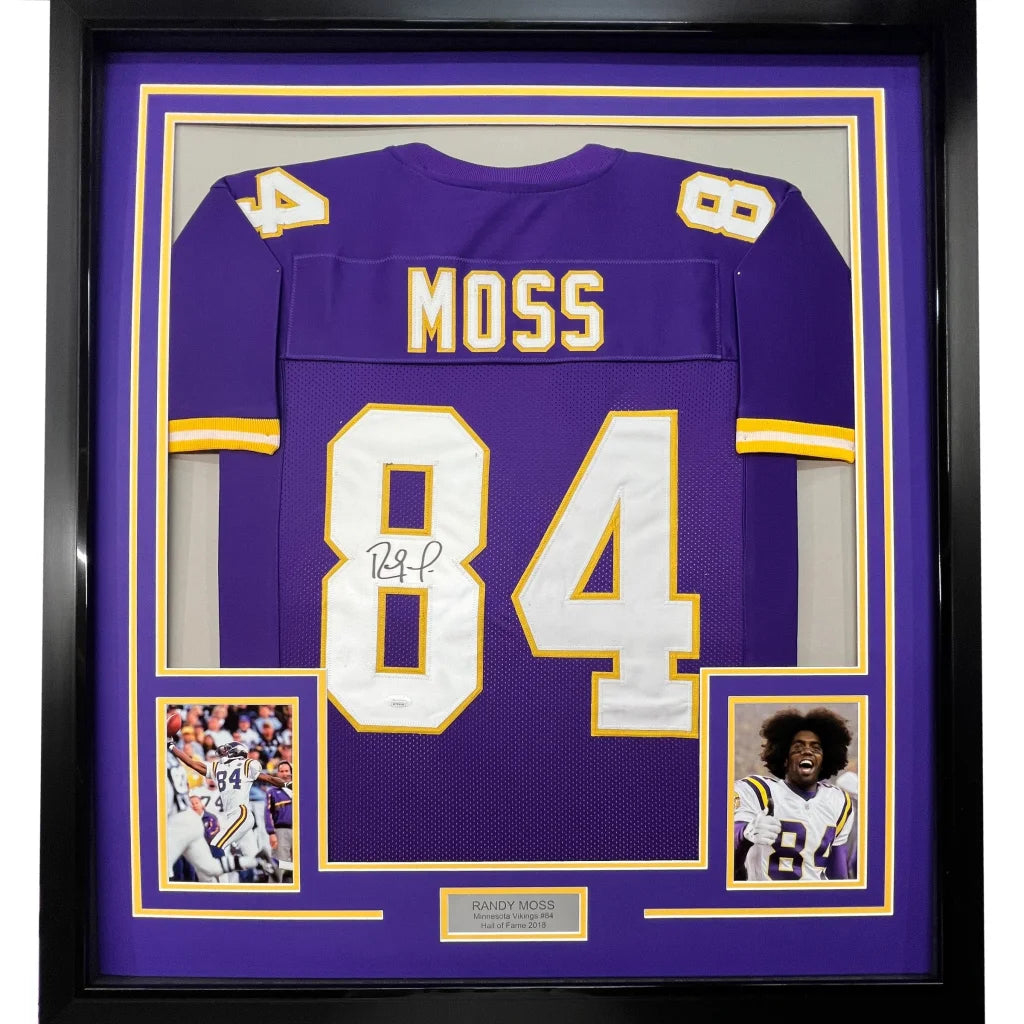 Framed autographed Randy Moss Minnesota Vikings purple jersey back, JSA COA