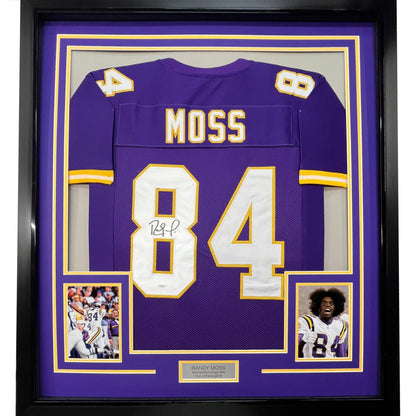 Framed autographed Randy Moss Minnesota Vikings purple jersey back, JSA COA