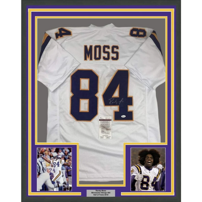 Framed autographed Randy Moss white Minnesota Vikings jersey with JSA COA