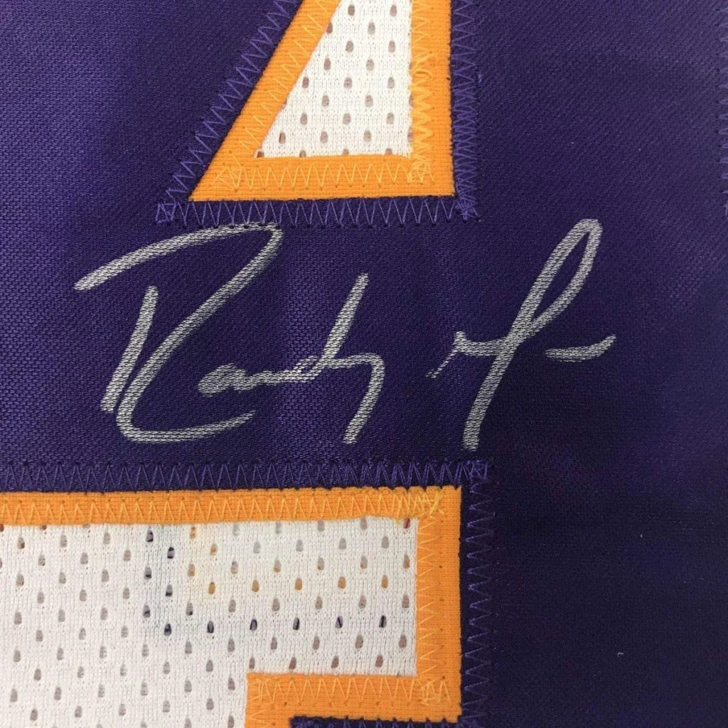 Framed autographed Randy Moss Minnesota white football jersey with JSA COA