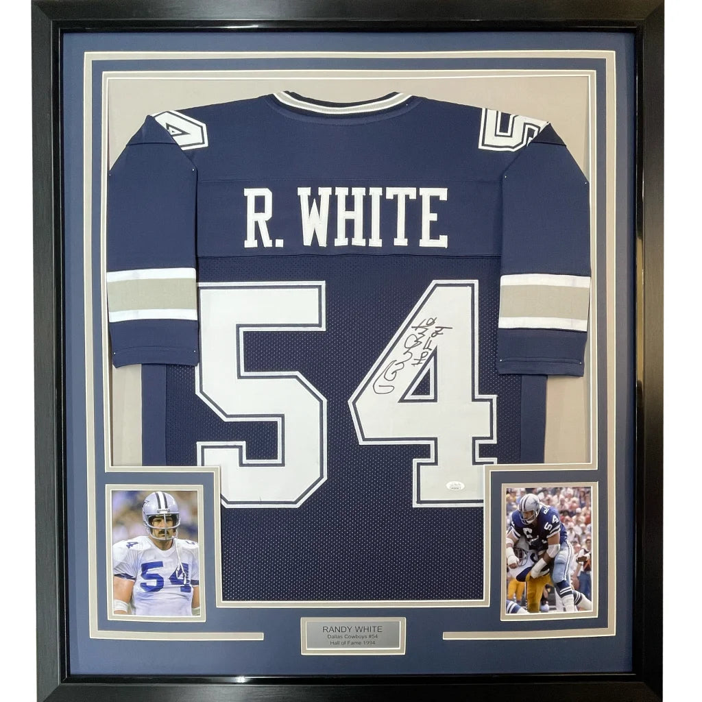 Framed Randy White HOF autographed jersey with photos, perfect for your man cave