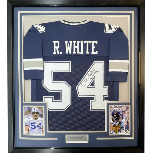 Framed Randy White HOF autographed jersey with photos, perfect for your man cave