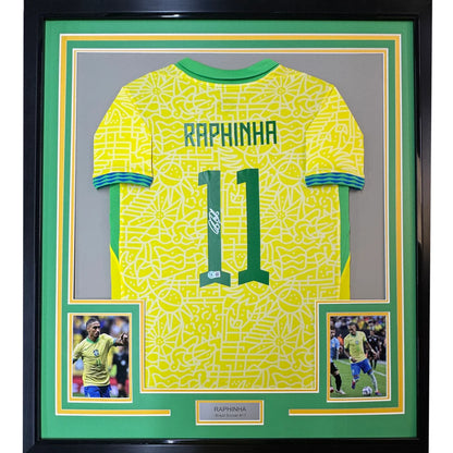 Framed signed Raphinha Brazil jersey with number 11 collectible for soccer fans