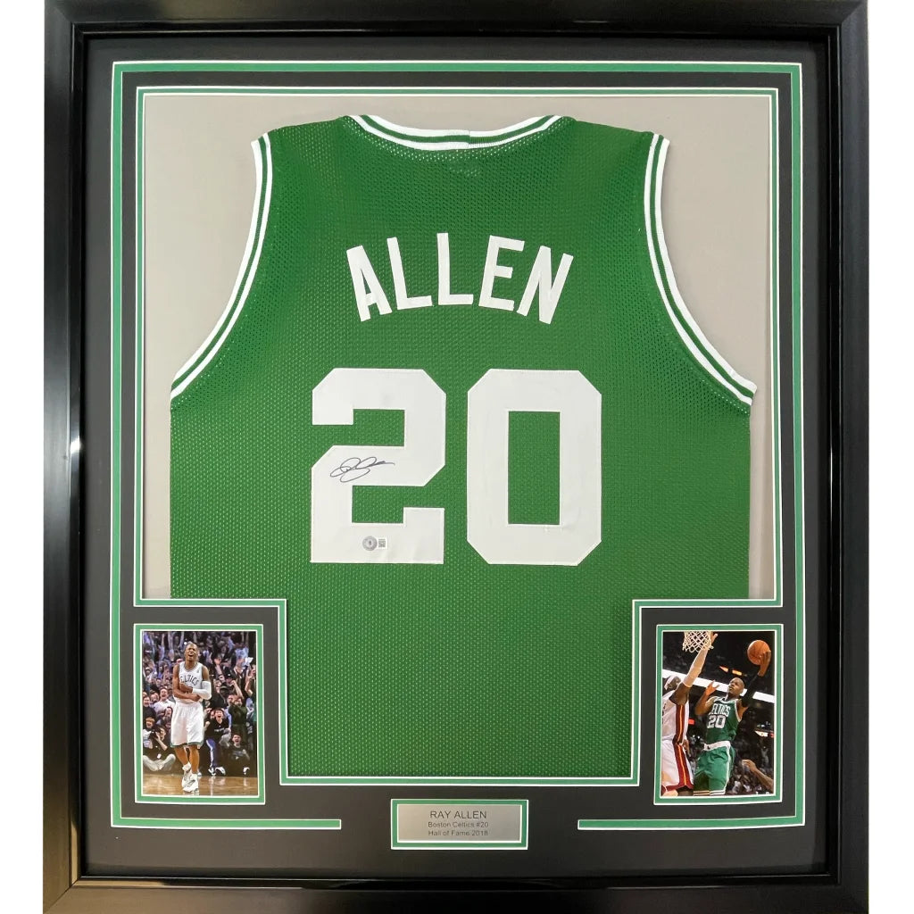 Framed Autographed Ray Allen 35x39 Boston Green Basketball Jersey Beckett BAS COA | Hall of Fame Sports Memorabilia | vintageantiquesgifts.com