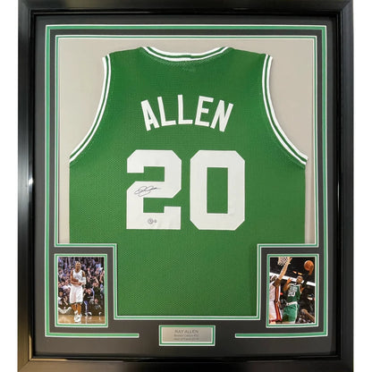 Framed Autographed Ray Allen 35x39 Boston Green Basketball Jersey Beckett BAS COA | Hall of Fame Sports Memorabilia | vintageantiquesgifts.com