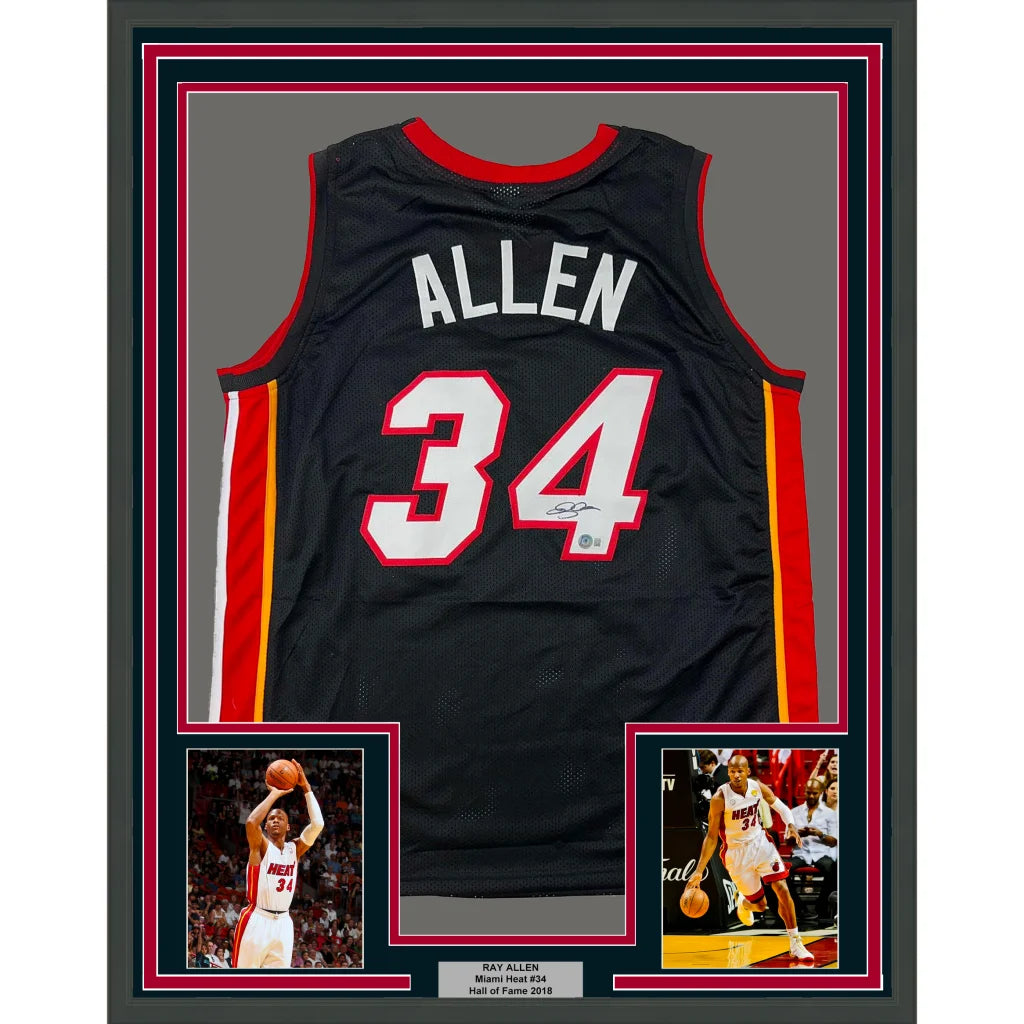 Framed Ray Allen Miami Heat #34 autographed jersey with photos and plaque display