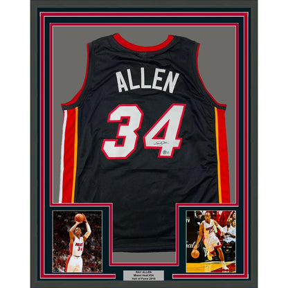 Framed Ray Allen Miami Heat #34 autographed jersey with photos and plaque display