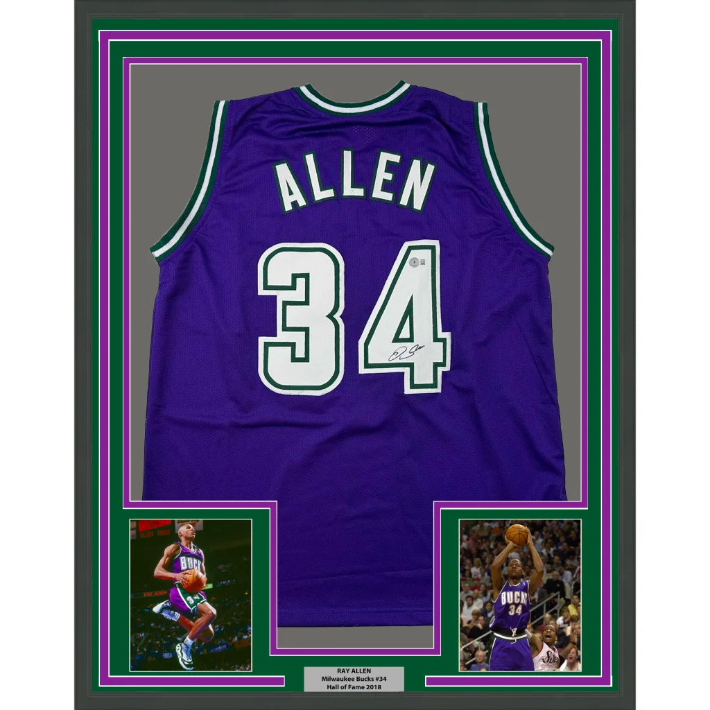 Purple Allen 34 framed basketball jersey with autograph, photos, and a plaque display