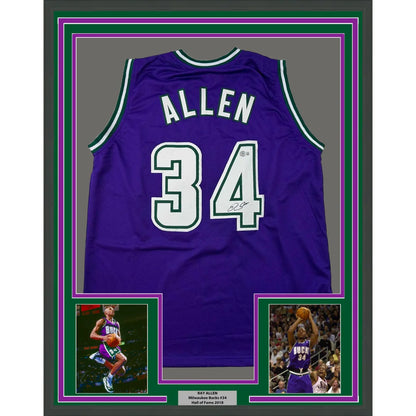 Purple Allen 34 framed basketball jersey with autograph, photos, and a plaque display