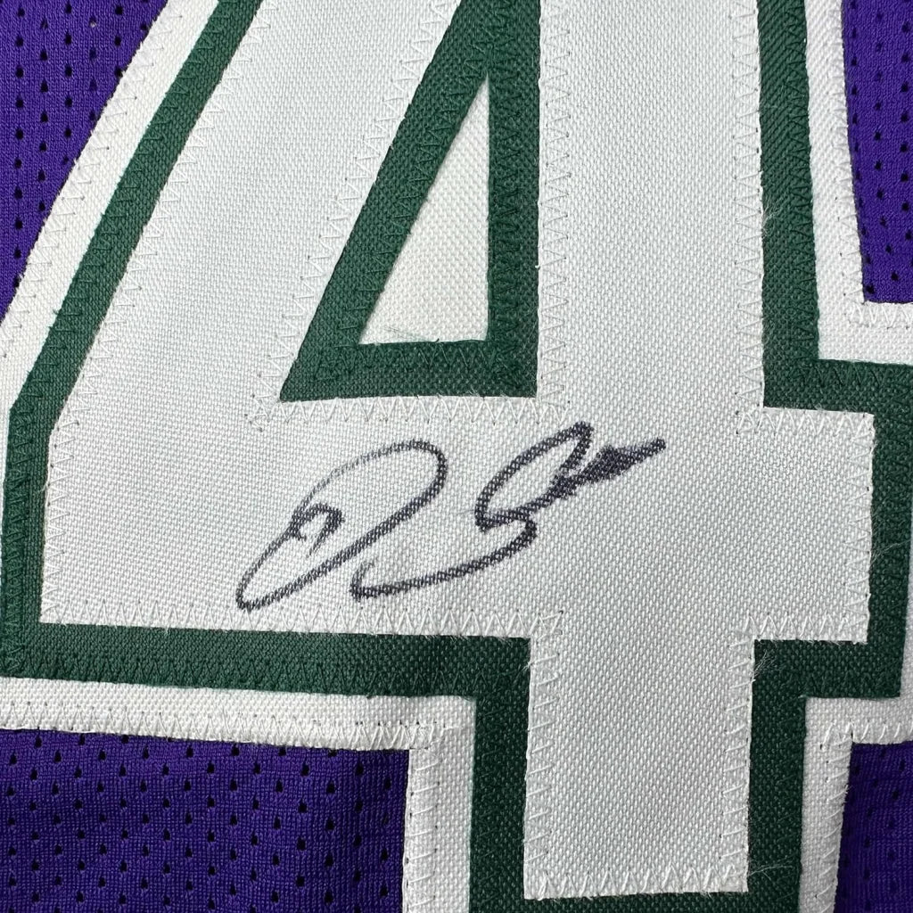 Framed Autographed Ray Allen 35x39 Milwaukee Purple Basketball Jersey Beckett BAS COA | Certified Authentic Signed Memorabilia | vintageantiquesgifts.com