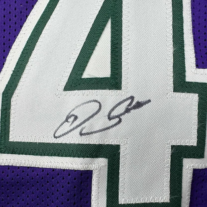 Framed Autographed Ray Allen 35x39 Milwaukee Purple Basketball Jersey Beckett BAS COA | Certified Authentic Signed Memorabilia | vintageantiquesgifts.com