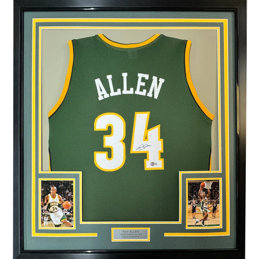 Framed Autographed Ray Allen 35x39 Seattle Green Basketball Jersey Beckett BAS COA | Hall of Fame Sports Memorabilia | vintageantiquesgifts.com