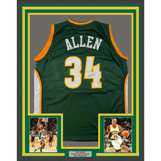 Framed Ray Allen Signed Seattle SuperSonics Jersey with Player Photos for Display