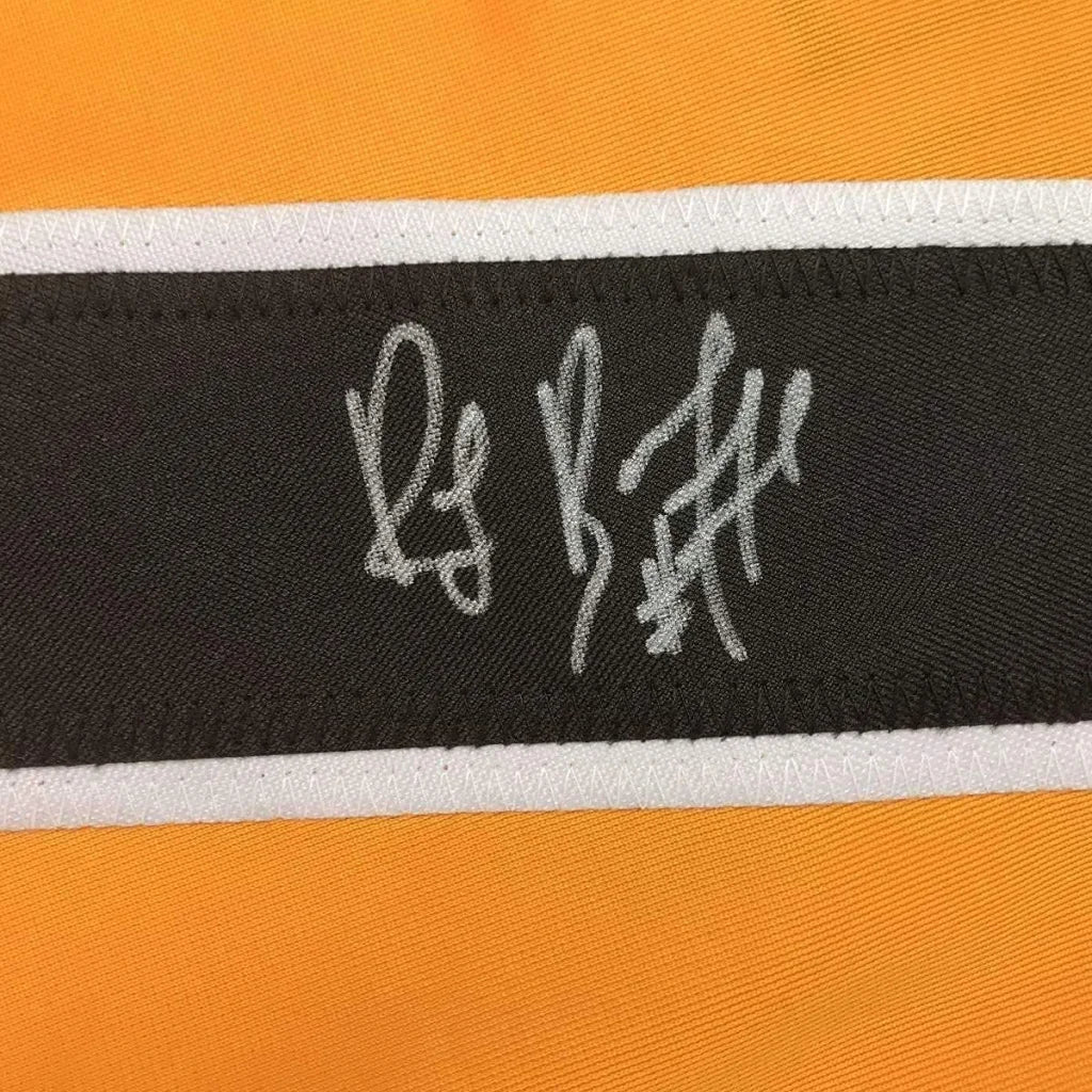 Orange and black fabric with white embroidery on Ray Bourque Boston yellow hockey jersey with JSA COA