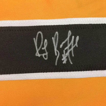 Orange and black fabric with white embroidery on Ray Bourque Boston yellow hockey jersey with JSA COA