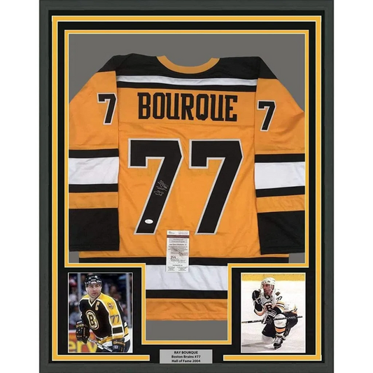 Framed Ray Bourque signed Boston Bruins yellow hockey jersey with player photos and JSA COA