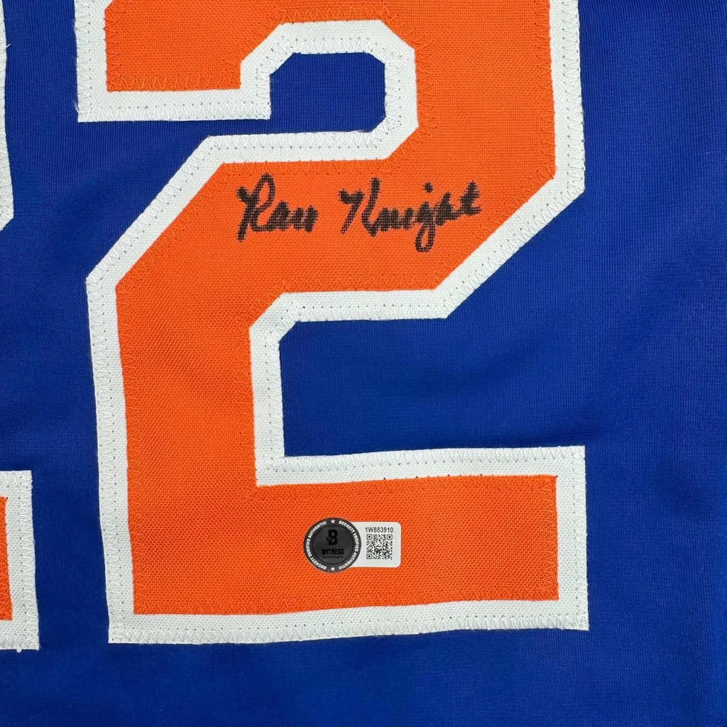 Framed Autographed Ray Knight 35x39 New York Blue Baseball Jersey Beckett BAS COA | Certified Authentic Signed Memorabilia | vintageantiquesgifts.com