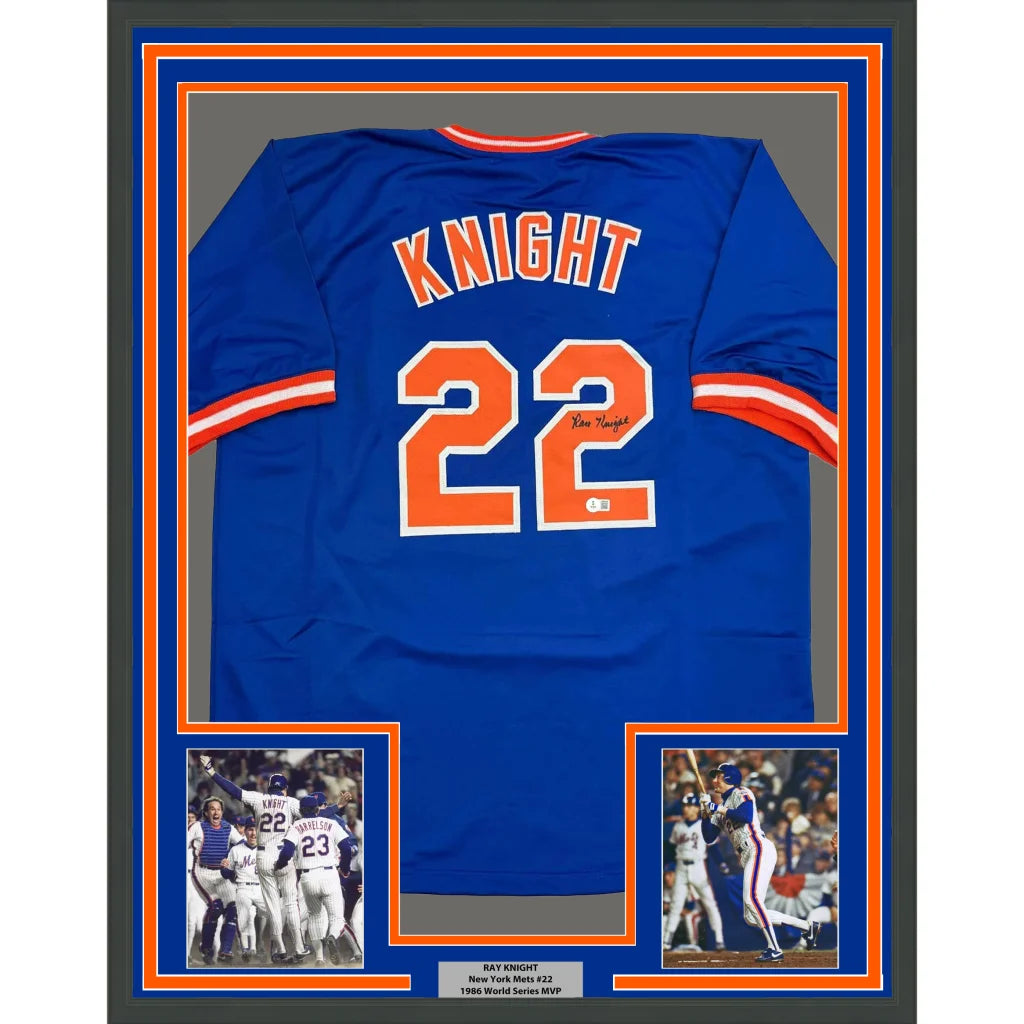 Framed Autographed Ray Knight 35x39 New York Blue Baseball Jersey Beckett BAS COA | Hall of Fame Sports Memorabilia | vintageantiquesgifts.com