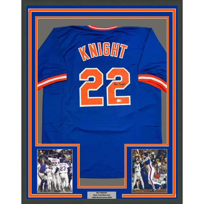 Framed Autographed Ray Knight 35x39 New York Blue Baseball Jersey Beckett BAS COA | Hall of Fame Sports Memorabilia | vintageantiquesgifts.com