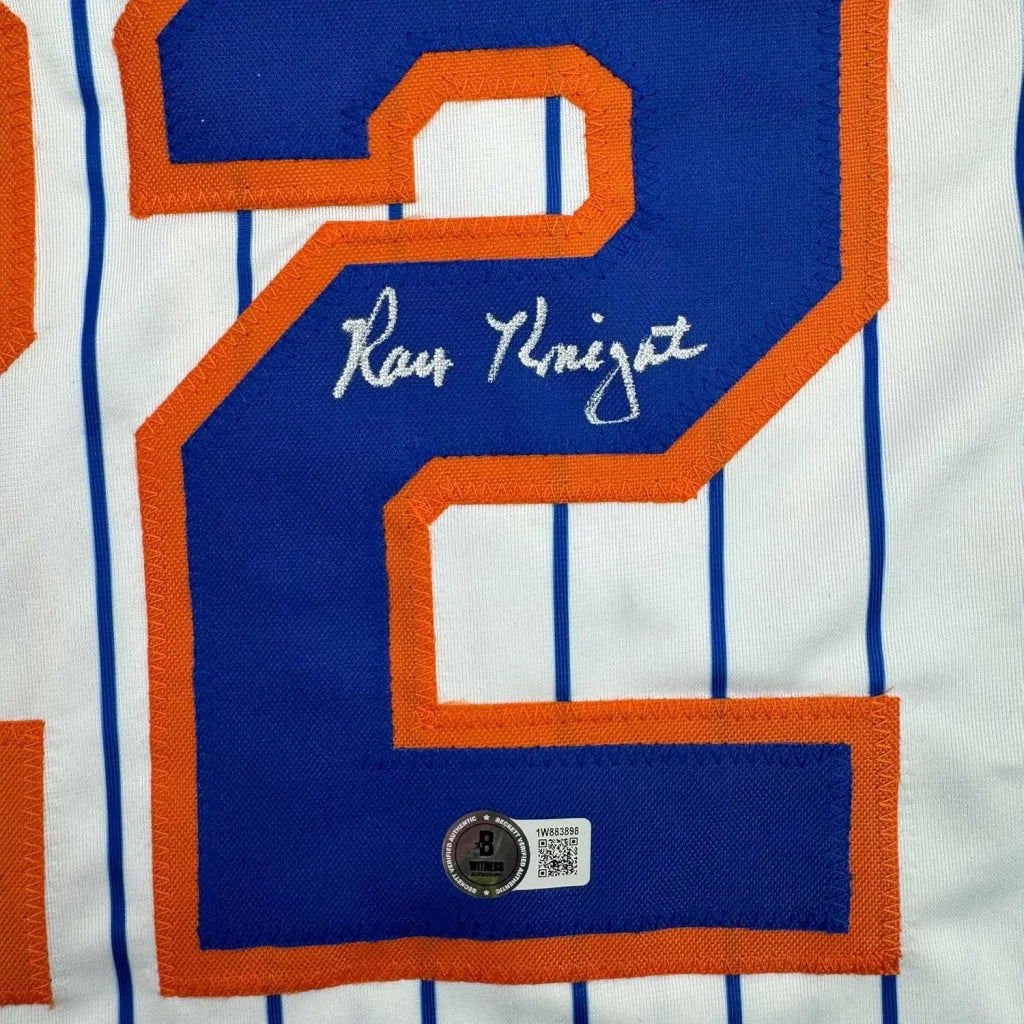 Framed Autographed Ray Knight 35x39 New York Pinstripe Baseball Jersey Beckett BAS COA | Certified Authentic Signed Memorabilia | vintageantiquesgifts.com