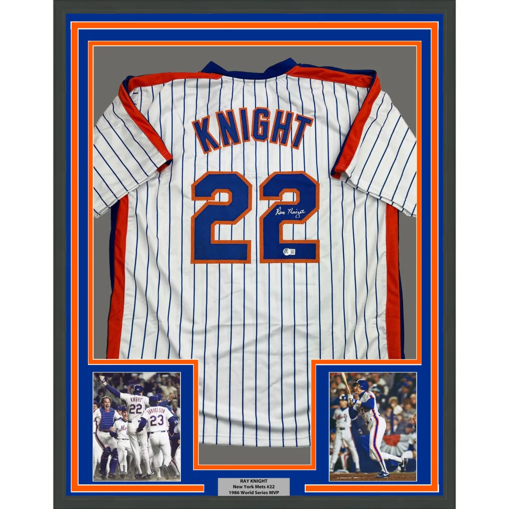 Framed Autographed Ray Knight 35x39 New York Pinstripe Baseball Jersey Beckett BAS COA | Hall of Fame Sports Memorabilia | vintageantiquesgifts.com