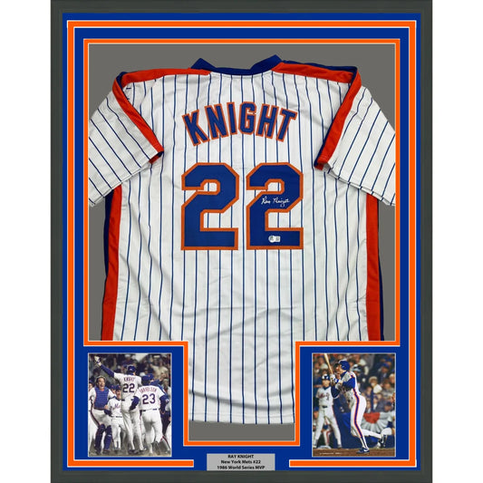 Framed Autographed Ray Knight 35x39 New York Pinstripe Baseball Jersey Beckett BAS COA | Hall of Fame Sports Memorabilia | vintageantiquesgifts.com