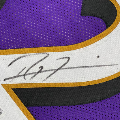 Professionally framed Ray Lewis autographed Ravens jersey with purple, black, and gold trim