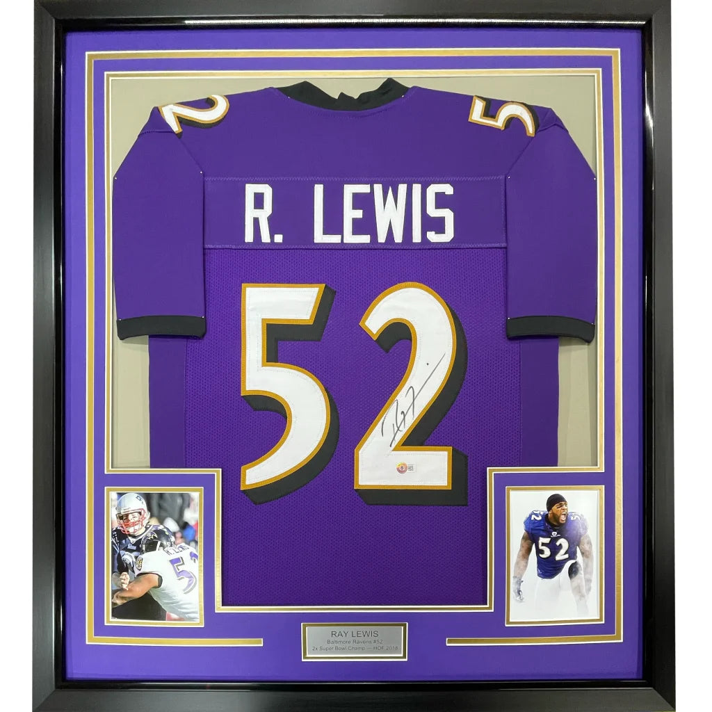 Professionally framed Ray Lewis autographed Baltimore Ravens jersey with player photos