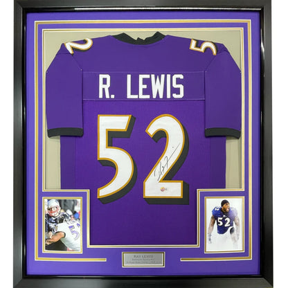 Professionally framed Ray Lewis autographed Baltimore Ravens jersey with player photos