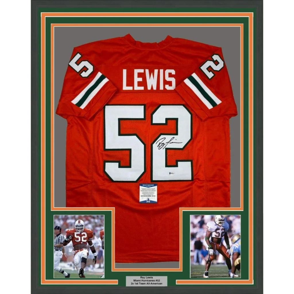 Back side of a red miami hurricanes framed autographed football jersey with white number 52 lewis and signature below number