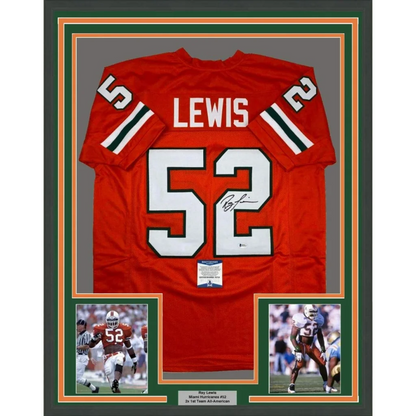 Back side of a red miami hurricanes framed autographed football jersey with white number 52 lewis and signature below number