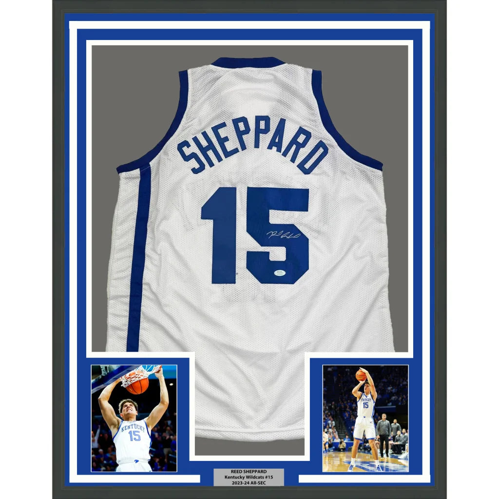 Professionally framed Reed Sheppard Kentucky Wildcats jersey with action photos for man cave
