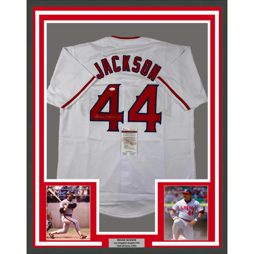 Framed Autographed Reggie Jackson 35x39 California Los Angeles White Baseball Jersey JSA COA | Hall of Fame Sports Memorabilia | vintageantiquesgifts.com