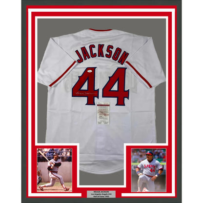 Framed Autographed Reggie Jackson 35x39 California Los Angeles White Baseball Jersey JSA COA | Hall of Fame Sports Memorabilia | vintageantiquesgifts.com