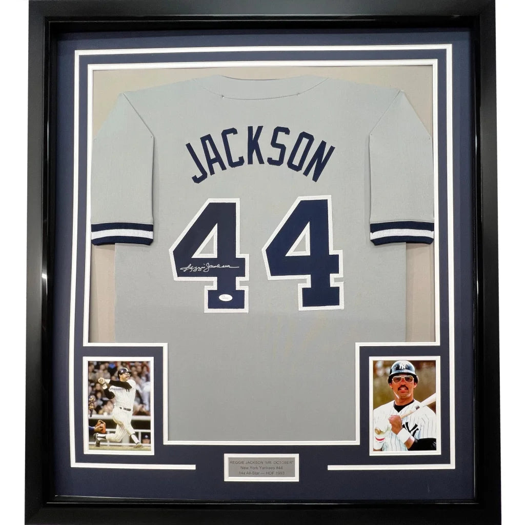 Framed Autographed Reggie Jackson 35x39 New York Grey Baseball Jersey JSA COA | Hall of Fame Sports Memorabilia | vintageantiquesgifts.com