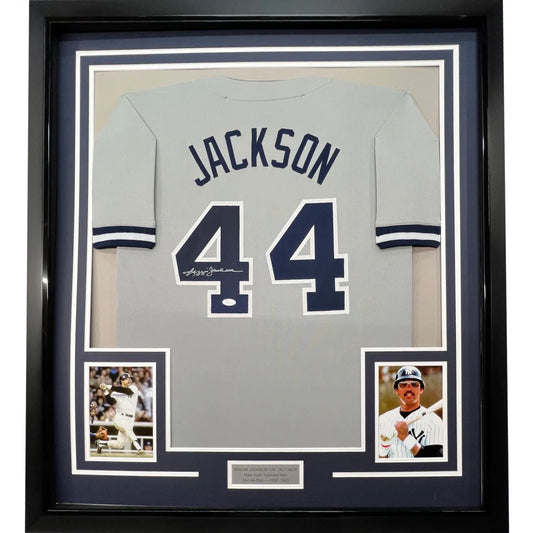 Framed Autographed Reggie Jackson 35x39 New York Grey Baseball Jersey JSA COA | Hall of Fame Sports Memorabilia | vintageantiquesgifts.com