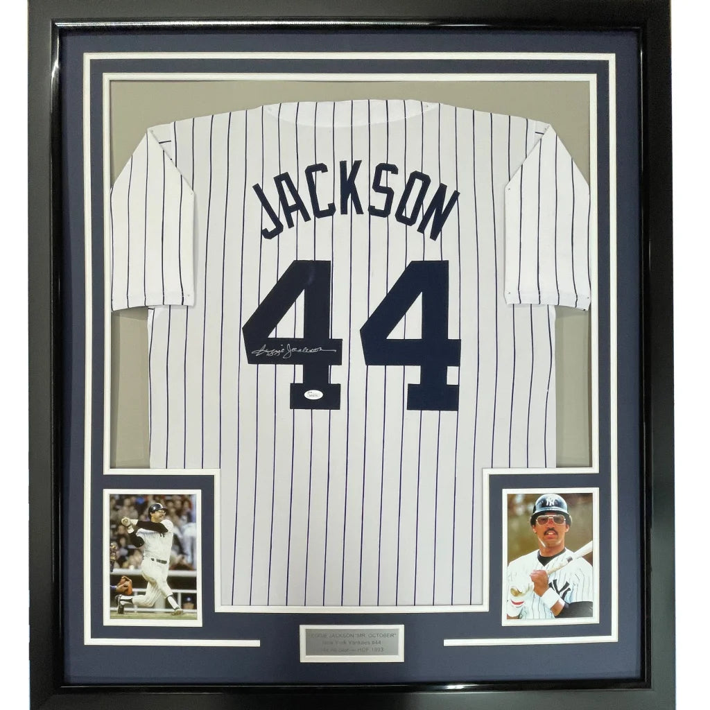 Framed autographed Reggie Jackson New York Yankees pinstripe jersey with number 44