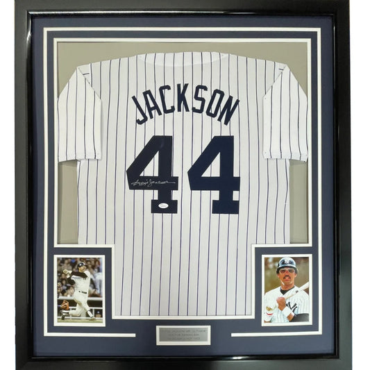 Framed Autographed Reggie Jackson 35x39 New York Pinstripe Baseball Jersey JSA COA | Hall of Fame Sports Memorabilia | vintageantiquesgifts.com