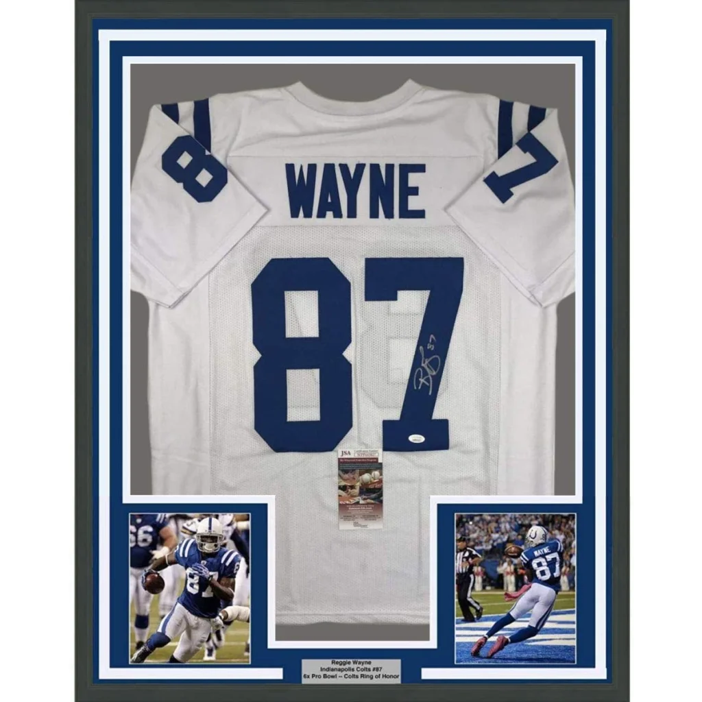 Back of a framed autographed white indianapolis colts football jersey with blue 87 and wayne signed in black ink