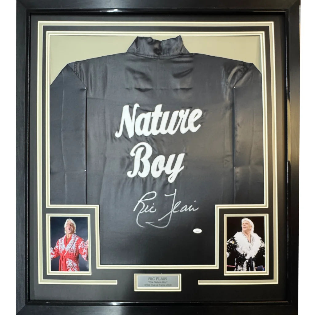 Framed Ric Flair Nature Boy signed robe display for ultimate man cave setup