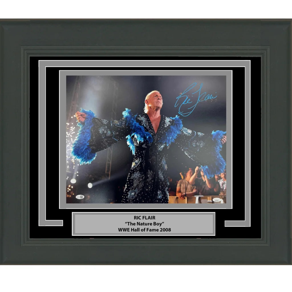Framed signed Ric Flair photo in black blue feathered robe JSA COA