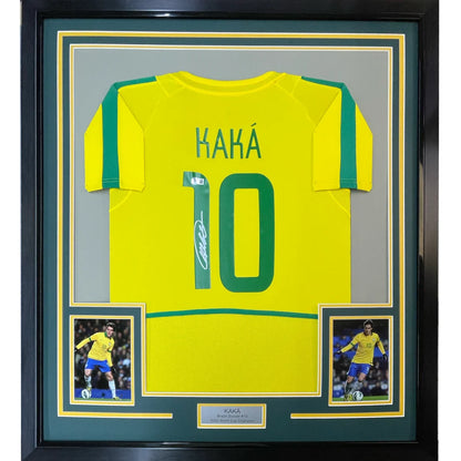 Framed Autographed Ricardo Kaka 35x39 Brazil Yellow Soccer Futbol Jersey Beckett BAS COA | Hall of Fame Sports Memorabilia | vintageantiquesgifts.com